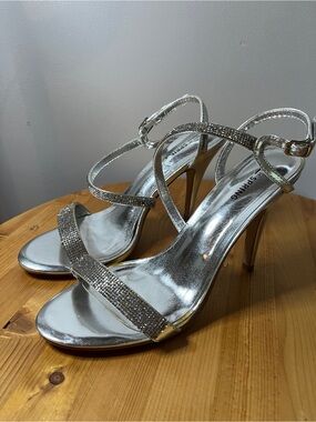 Silver Strappy Rhinestone High Heel Sandals - Women's Size 10